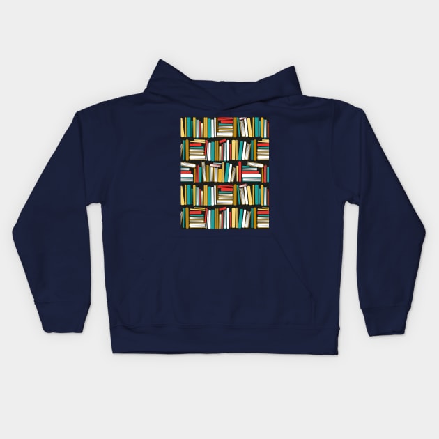 Colorful books // black bookshelf background yellow neon red white and teal books Kids Hoodie by SelmaCardoso